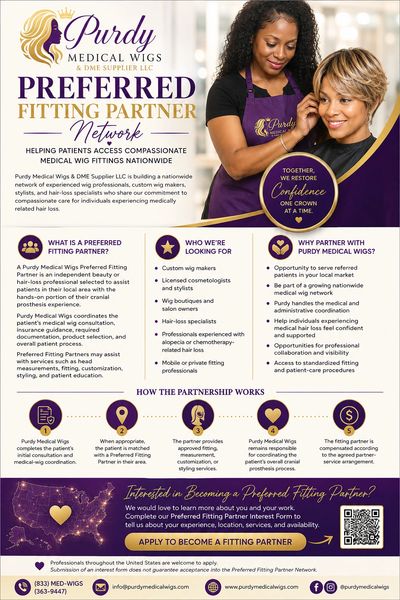 Purdy Medical Wigs Preferred Fitting Partner Network flyer with info and partnership steps.