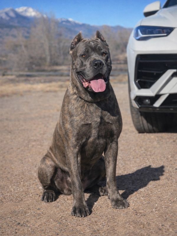 Brindle Cane Corso dog sitting beside a white car on a gravel road under a clear blue sky.