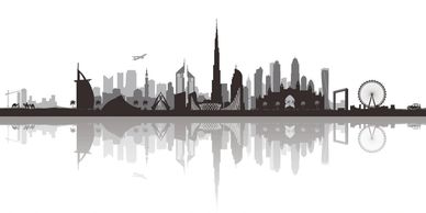 Silhouette of Dubai skyline with reflections.