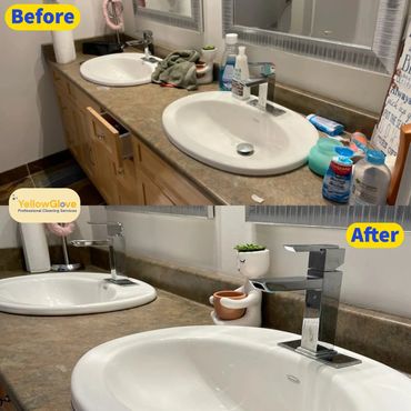 Comparative photos of a bathroom sink, illustrating the significant cleaning service.