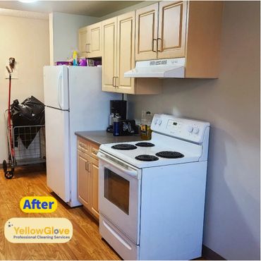 A transformation image of a kitchen from unsanitary condition to clean sparkling condition.