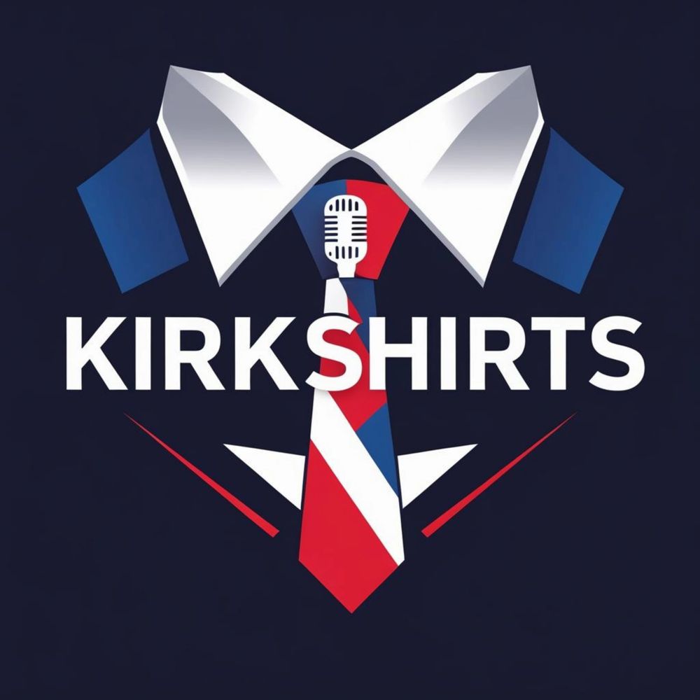 Logo of KirkShirts featuring a shirt collar and a patriotic tie with a microphone.