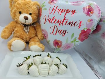 Valentines Day Gift, 1 dozen strawberries, teddy bear and balloon.