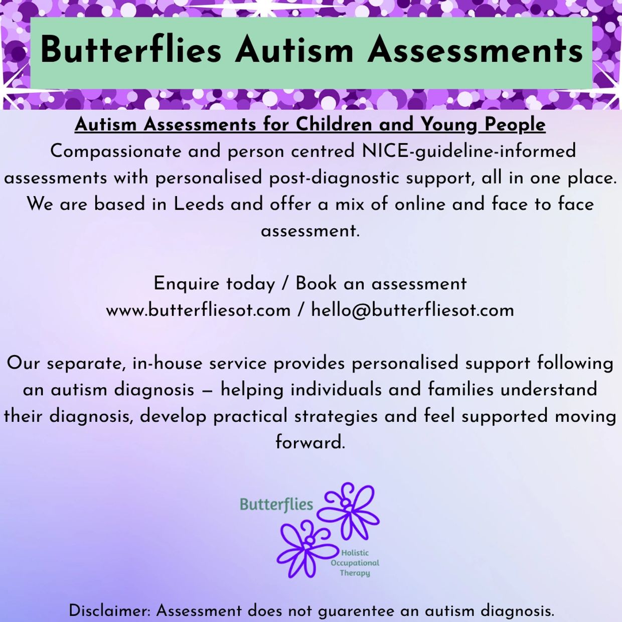 Butterflies Autism Assessments offers personalized autism assessments and support in Leeds.