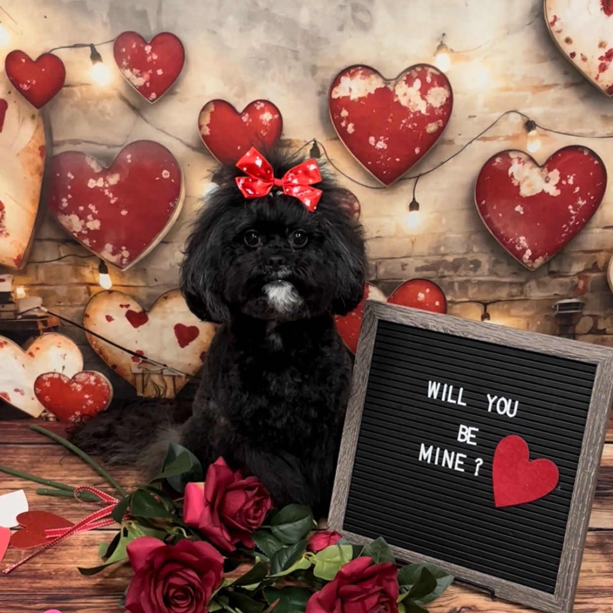 black dog with red bow in hair posing next to a sign "will you be mine?" surrounded by hearts roses