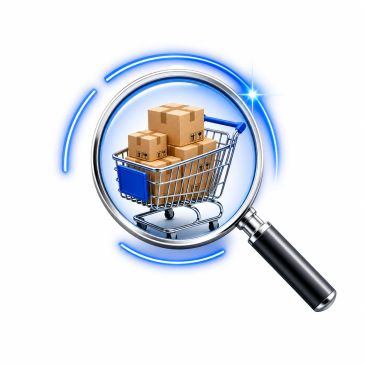 Magnifying glass focusing on a shopping cart with boxes.