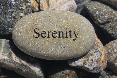 A smooth stone with the word 'Serenity' engraved on it among other rocks.