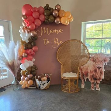 Customized backdrop and balloon art for baby shower.