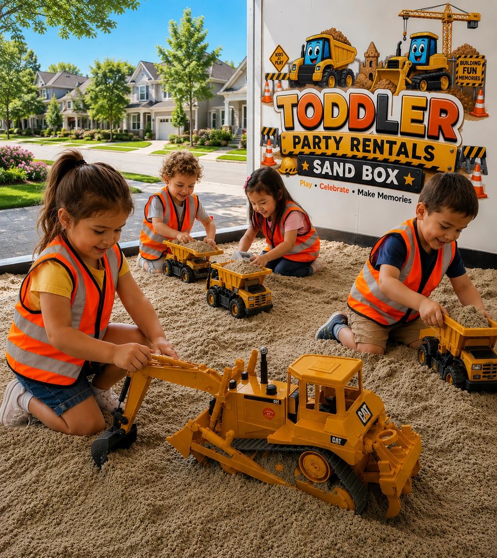 Four kids in safety vests play with toy construction trucks in a toddler sandbox.
