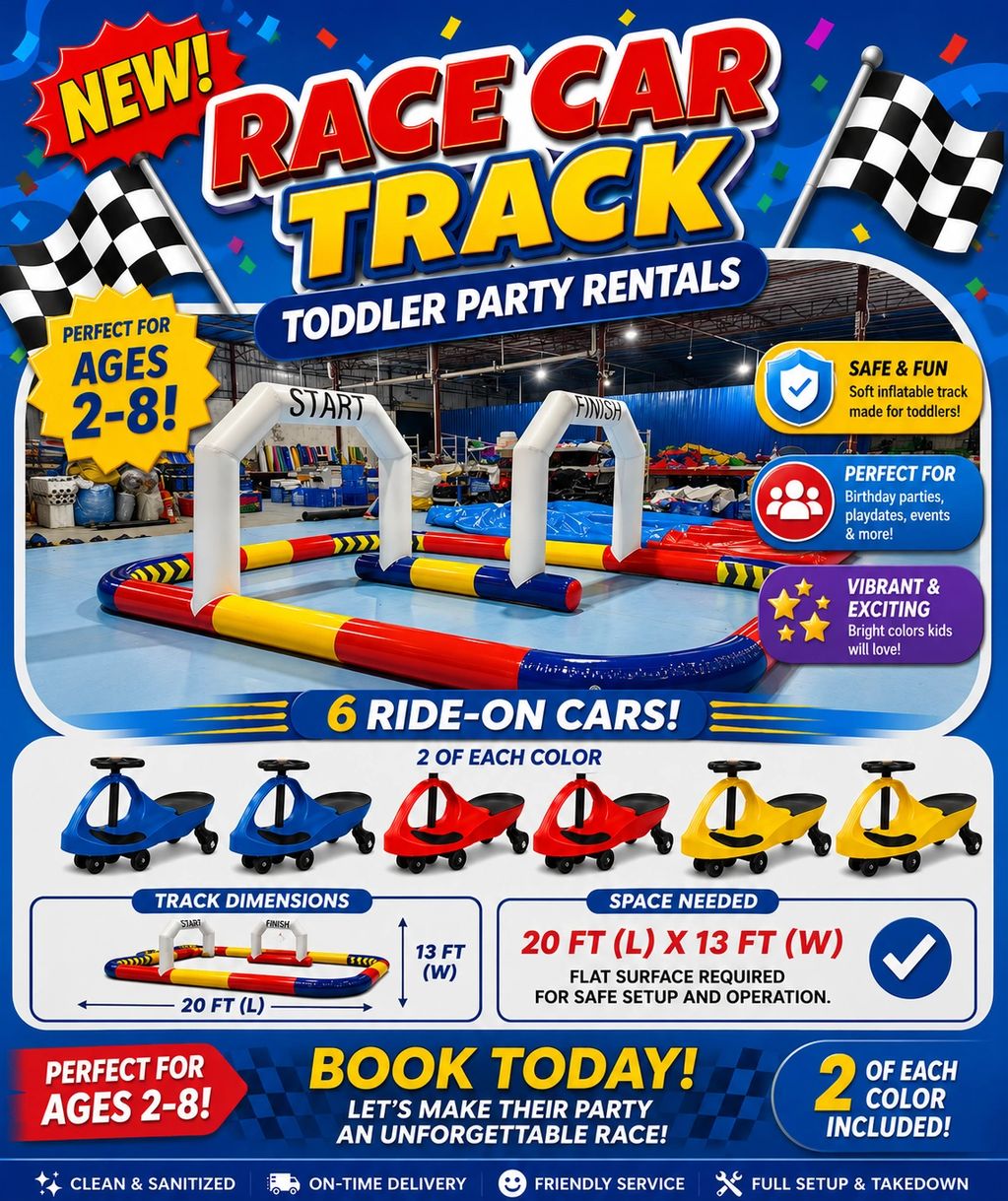Toddler race car track rental with 6 ride-on cars for ages 2-8.