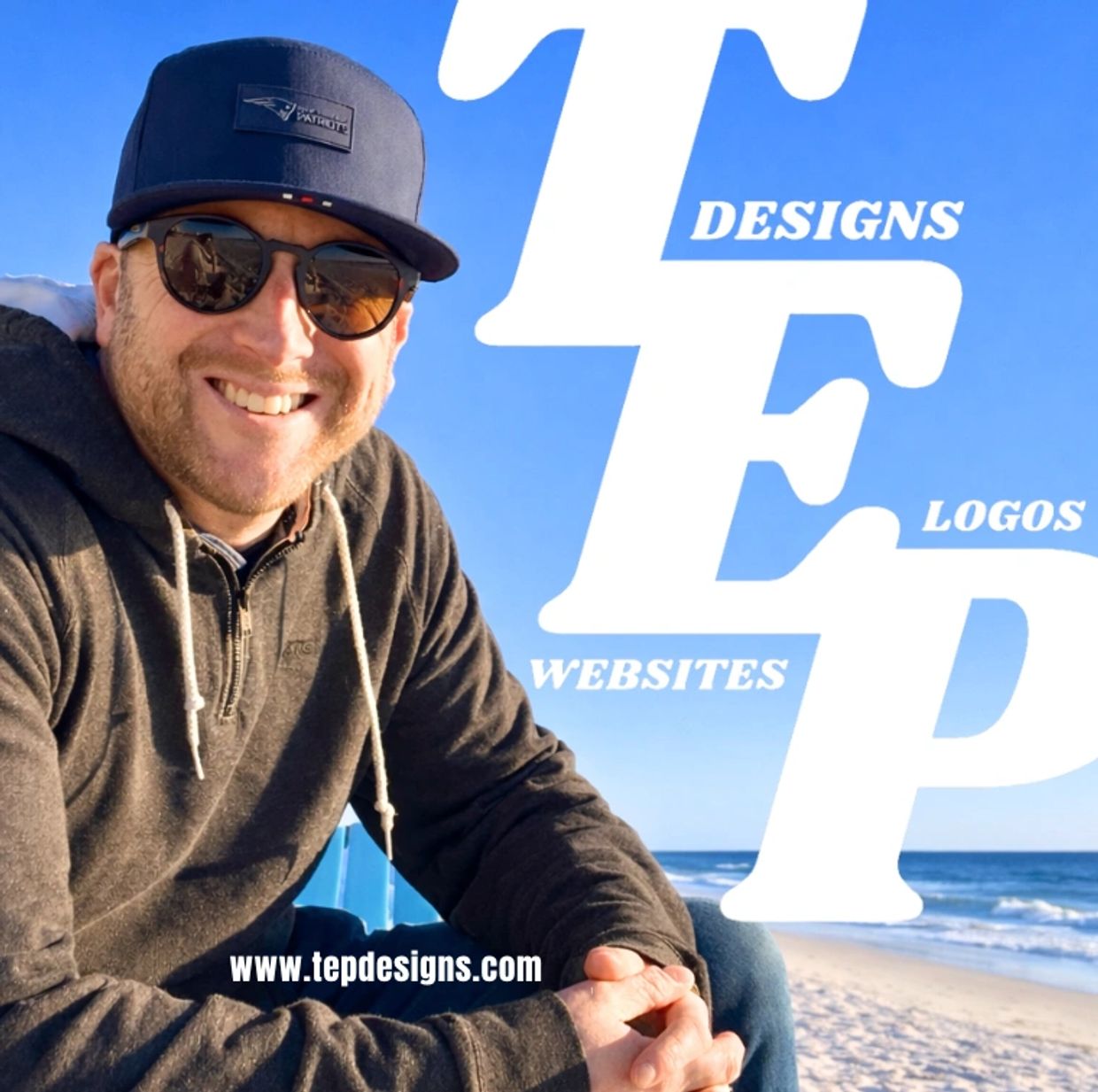 Smiling man in sunglasses and cap by the beach promoting TEP Designs.