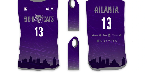 Purple Bobcats jersey with number 13 and Atlanta city skyline design.