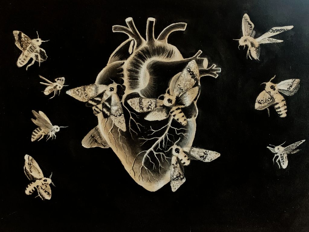 A monochromatic artistic heart surrounded by moths and bees on black background.