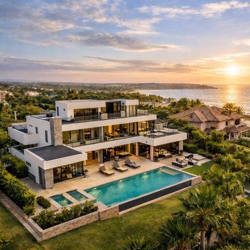 Modern luxury beachfront mansion with pool at sunset.