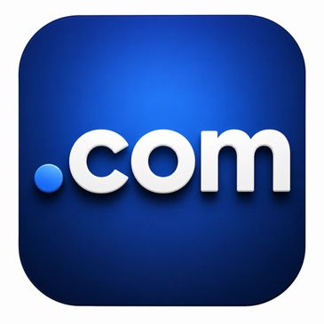 .com domain symbol on blue background
