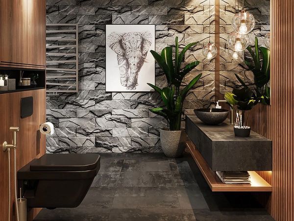 Luxury modern bathroom with natural wood and plants