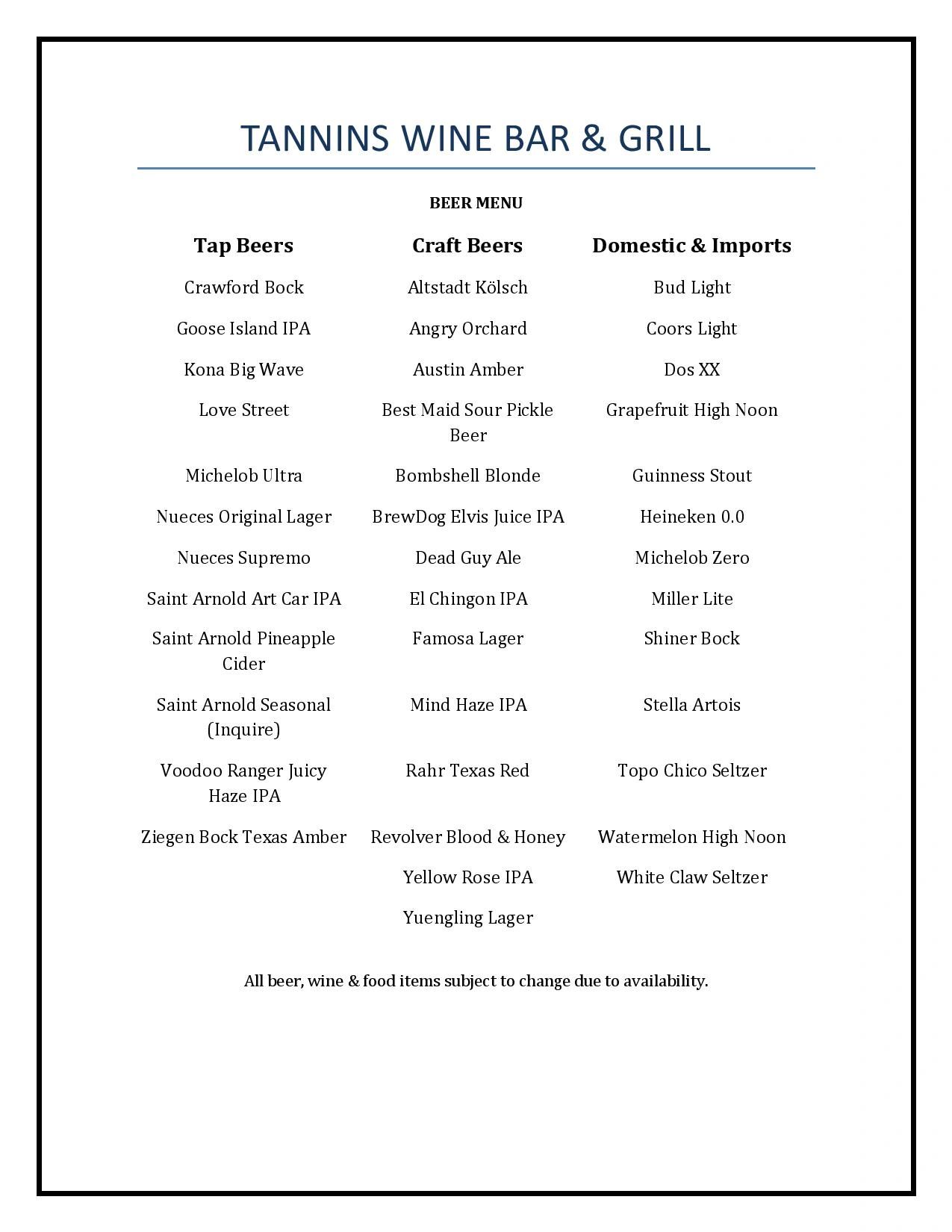 Tannins Wine Bar &amp; Grill beer menu featuring tap, craft, domestic, and import beers.