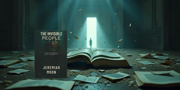 A mysterious book titled 'The Invisible People' amidst floating debris and an open door with a shadowy figure.