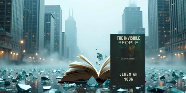 A mysterious book titled 'The Invisible People' by Jeremiah Moon amidst shattered glass in a foggy cityscape.