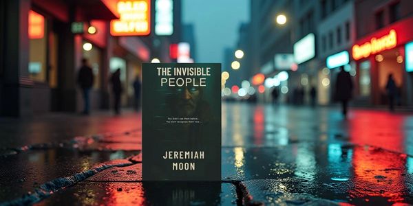 Book titled 'The Invisible People' by Jeremiah Moon on a wet city street at night.