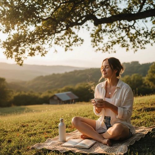 Woman enjoying a peaceful morning with a hot drink in a scenic countryside setting.
