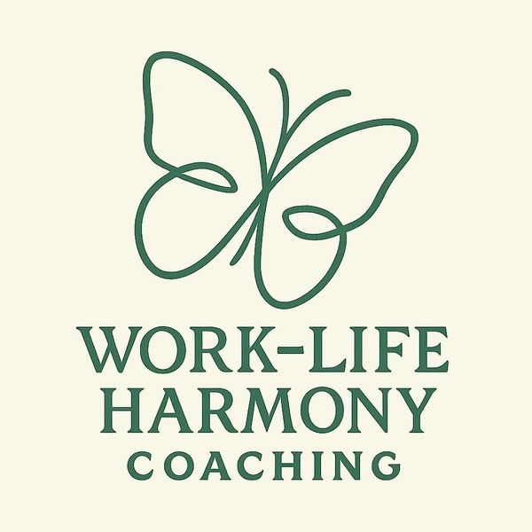 Logo with a butterfly and the text 'Work-Life Harmony Coaching'.