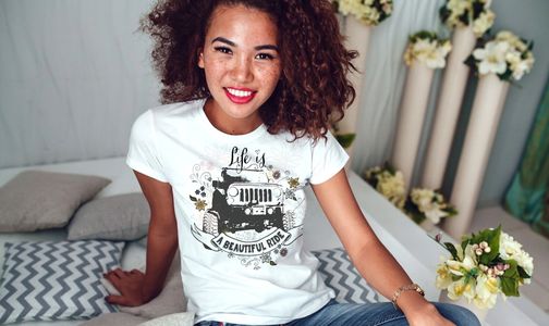 Model wearing 2 Dogs and a Bicycle t-shirt design.
