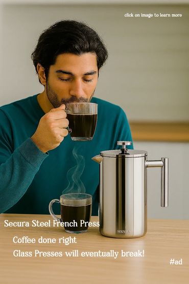 man enjoying coffee from his Secura Steel French Press