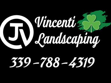 Logo for Vincenti Landscaping with a shamrock and contact number.