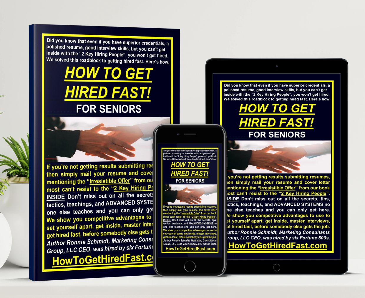 Book and digital devices showing "How to Get Hired Fast! For Seniors" guide.