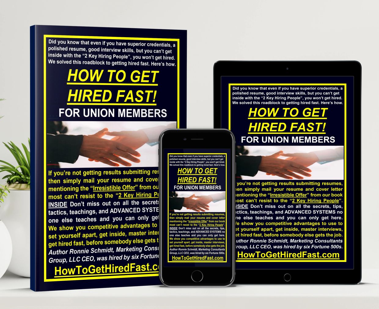 Promotional materials for a guide on getting hired fast for union members.