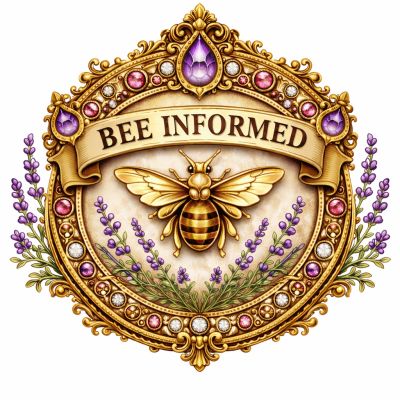 Ornate golden emblem with a bee and lavender, reading 'BEE INFORMED'.