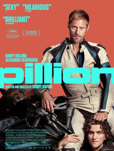 Movie poster for 'Pillion' featuring two men and a motorcycle.