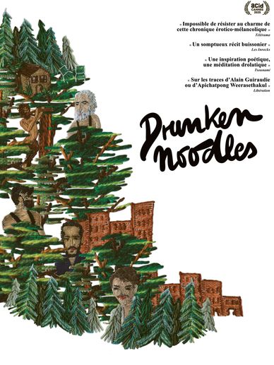 Artistic poster for 'Drunken Noodles' featuring faces intertwined with trees and buildings.
