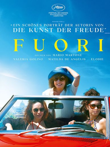 Movie poster for the film 'Fuori' showing three women in a red convertible under a clear blue sky.