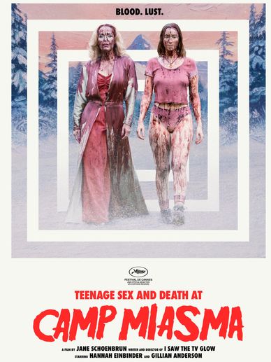 Two blood-covered women walking forward in a snowy forest.