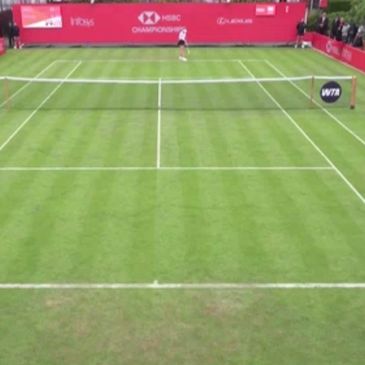 A tennis player on a grass court during the HSBC Championships.