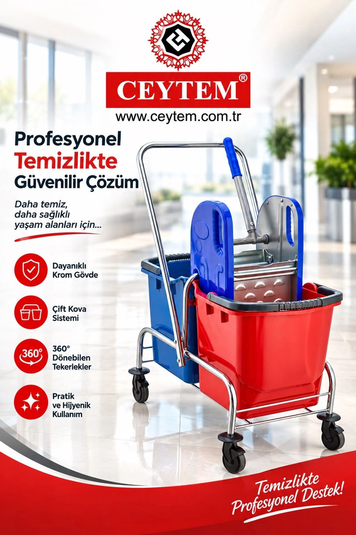 Profesyonel temizlik için dayanıklı ve pratik temizlik arabası.