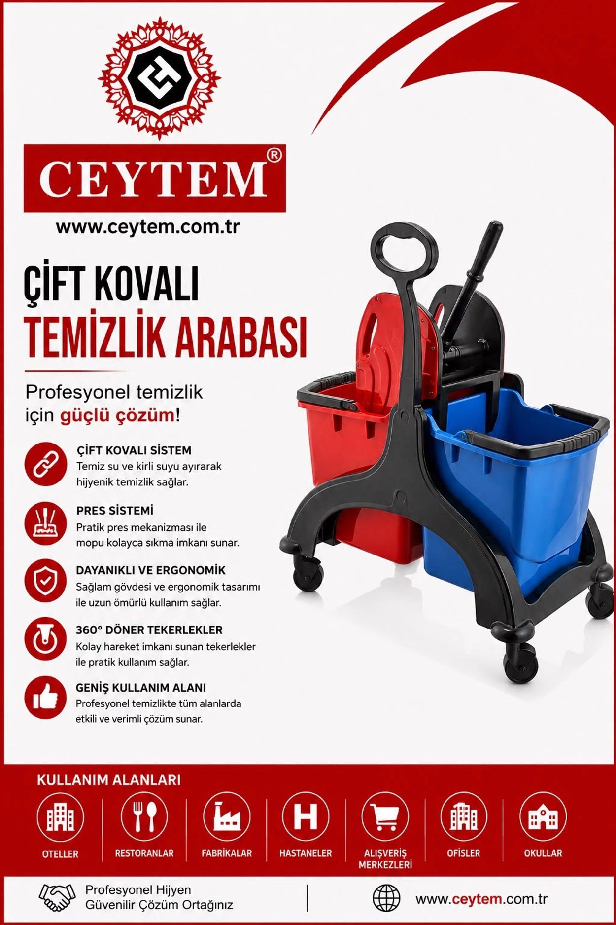 Çift kovalı temizlik arabası ve özellikleri açıklanıyor.
