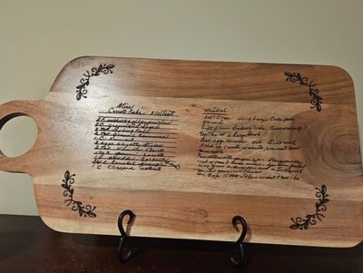 Customize a rectangular charcutier board measures 22" x 10.25" x 0.6  Family Recipe, Name, Initials,