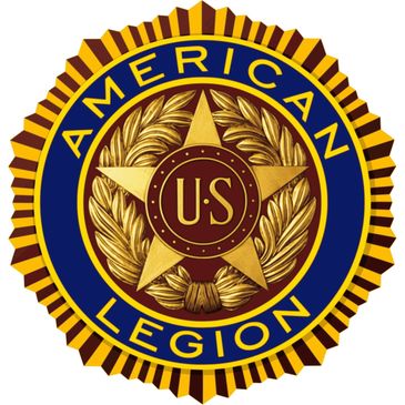 Emblem of the American Legion with a gold star and laurel wreath on blue.