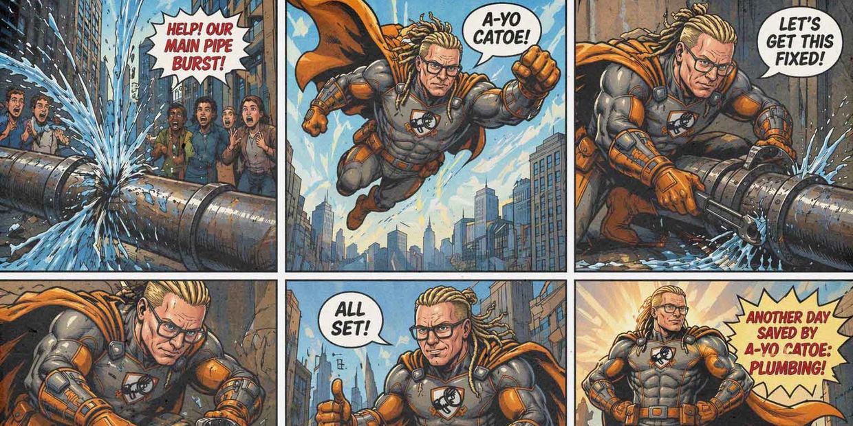 Superhero fixes a burst pipe in the city.