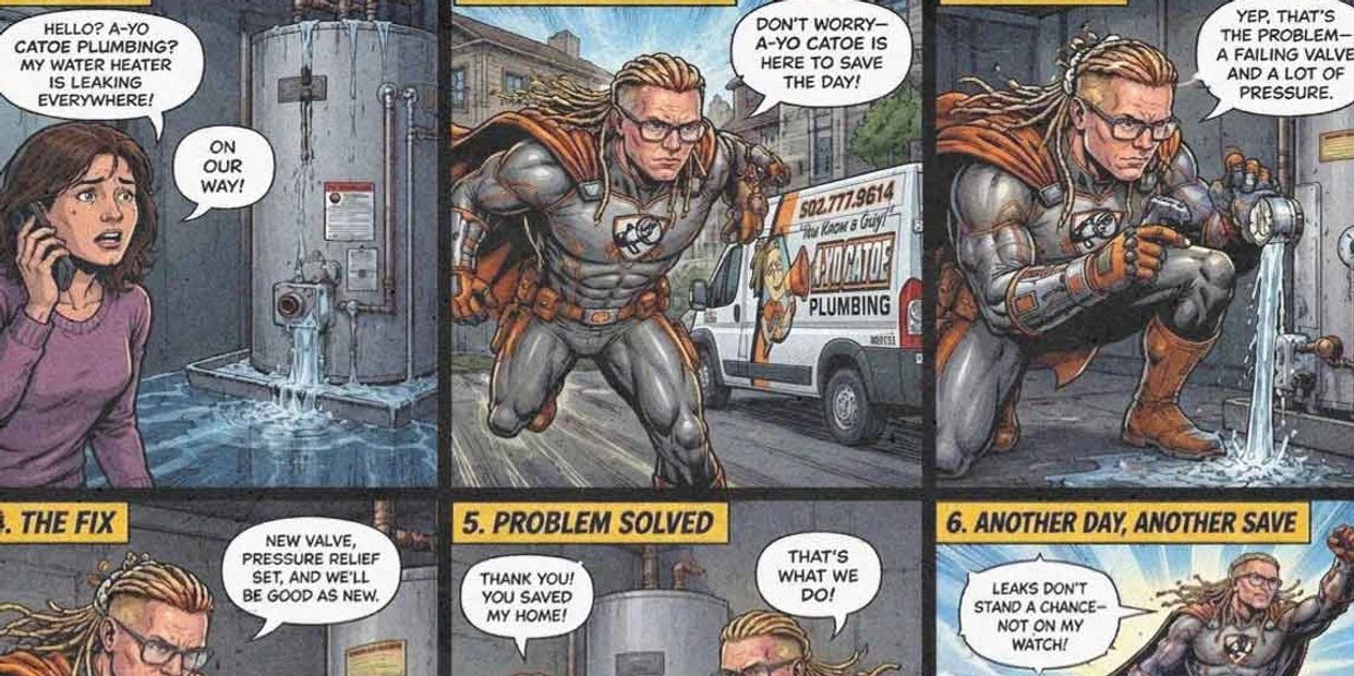 Superhero plumber fixes leaking water heater with confidence.