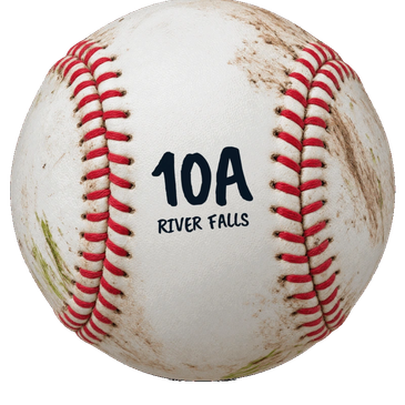Worn baseball with red stitches and '10A RIVER FALLS' printed.