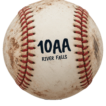Worn baseball with red stitching and text 10AA River Falls.