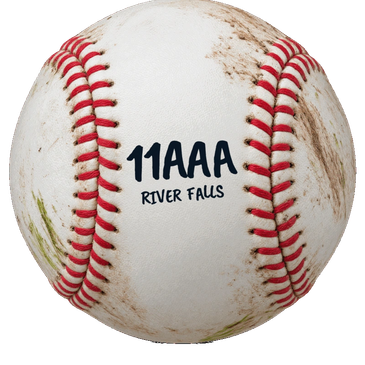 A well-used baseball with red stitches and '11AAA River Falls' printed on it.