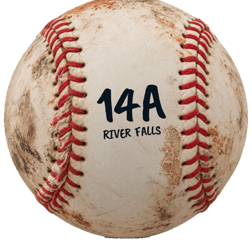 Worn baseball with red stitching and '14A River Falls' text.