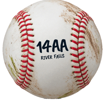 A used baseball with red stitching and '14AA RIVER FALLS' text.