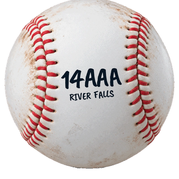 Baseball with "14AAA RIVER FALLS" text and red stitching.