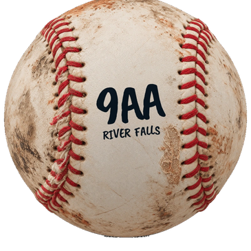 A well-used baseball with red stitching and text.